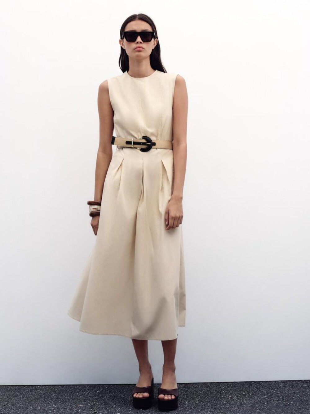 ZARA Belted Poplin Midi Dress Sand Cotton Pockets Summer Vacation Medium NWT